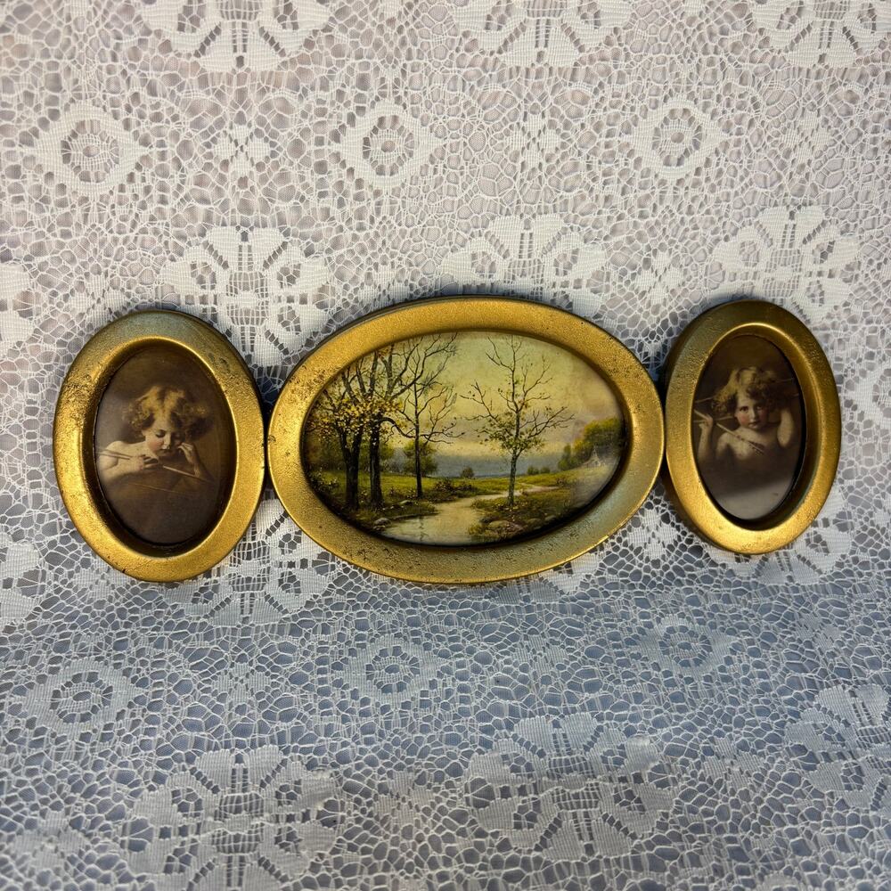 Antique Gold Oval Picture Frame Trio Cherub Angels & Landscape Victorian Decor